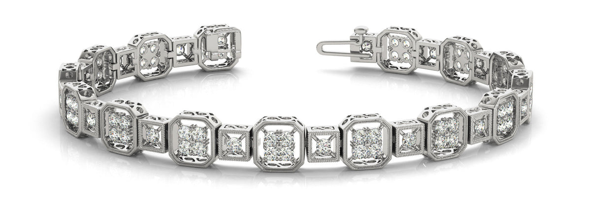 White gold Channel Set Princess Cut Diamond Tennis Bracelet with Milgrain Detailing