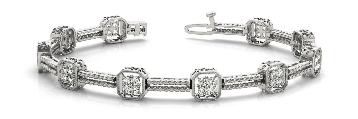 White gold Princess Cut Diamond Tennis Bracelet with Rope Band and Bezel Setting