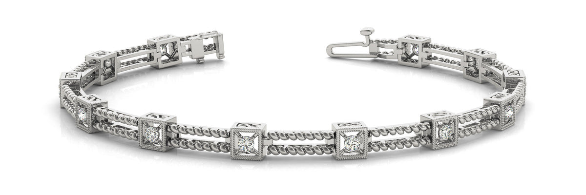 White gold Princess Cut Diamond Box Link Tennis Bracelet with Milgrain Prong Setting