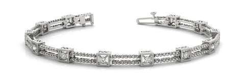 White gold Princess Cut Diamond Box Link Tennis Bracelet with Milgrain Prong Setting