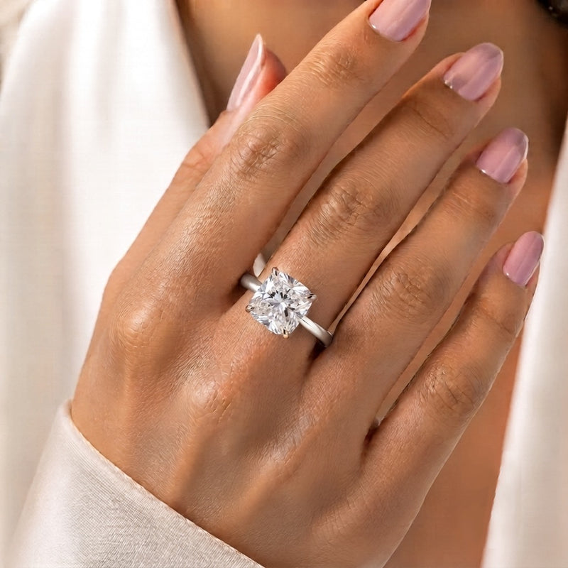 Silver Cushion Cut Solitaire Engagement Ring with Sculpted Tapered Shank