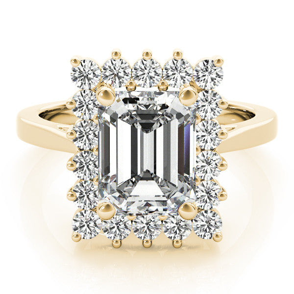 Yellow gold Cushion Cut Diamond Halo Ring with Round Brilliant Halo and Solitaire Band