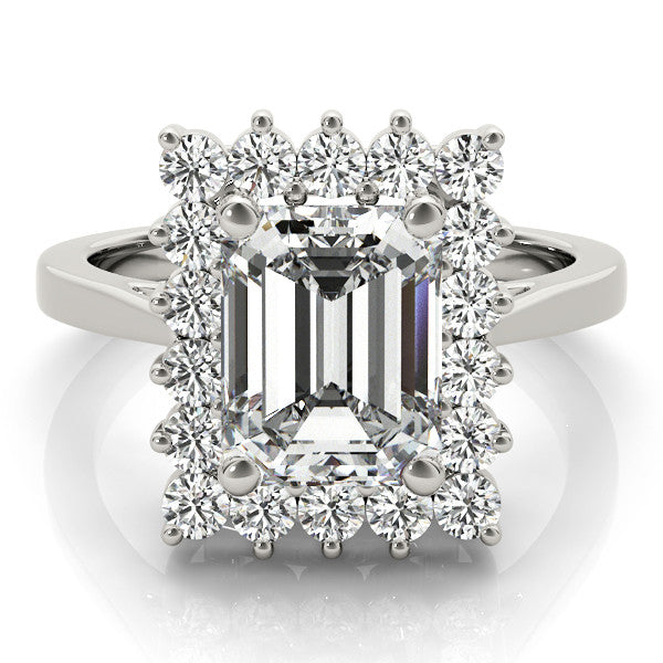 Silver Emerald Cut Diamond Halo Ring with Round Brilliant Halo and Solitaire Band