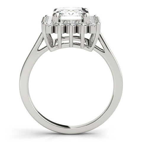 White gold Emerald Cut Diamond Halo Ring with Round Brilliant Halo and Solitaire Band
