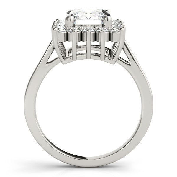 Silver Emerald Cut Diamond Halo Ring with Round Brilliant Halo and Solitaire Band