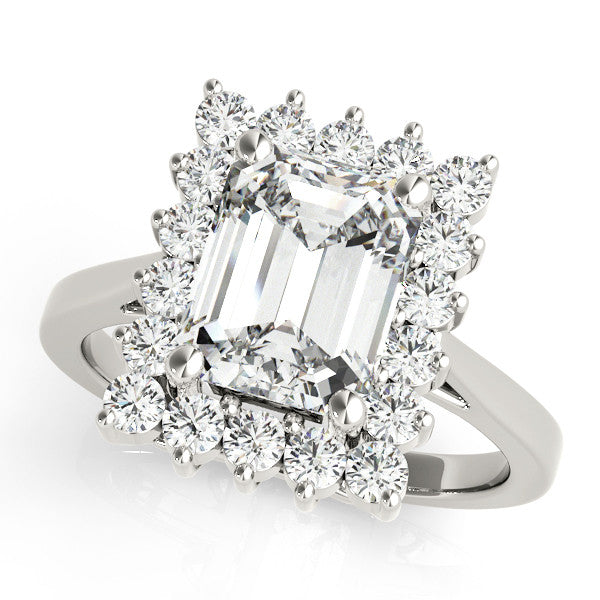 Silver Emerald Cut Diamond Halo Ring with Round Brilliant Halo and Solitaire Band