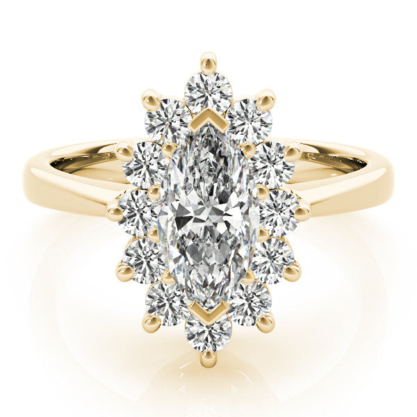 Yellow gold Marquise Cluster Halo Diamond Ring with Solitaire Band and Prong Setting