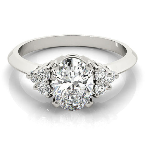 Silver Oval Cut Diamond Cluster Ring with Solitaire Band and Four-Prong Setting