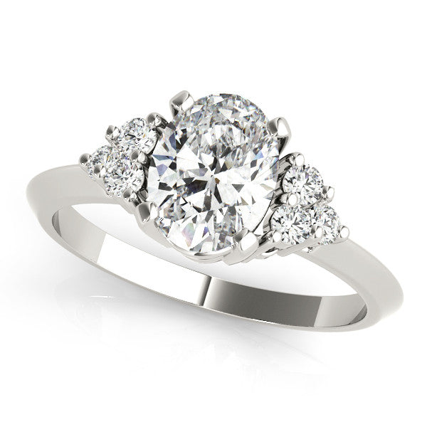 Silver Oval Cut Diamond Cluster Ring with Solitaire Band and Four-Prong Setting
