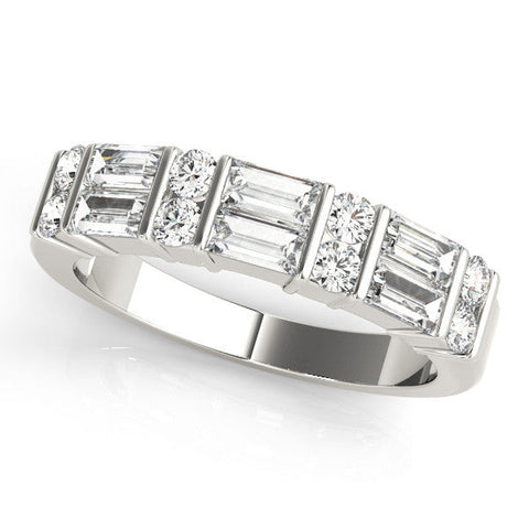 Silver Channel Set Baguette and Round Diamond Band with Bar Prongs