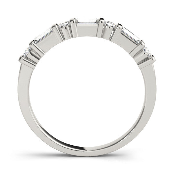 Platinum Baguette and Round Diamond Channel Set Half Eternity Band with Bar Prong Setting