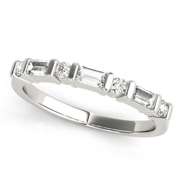 Platinum Baguette and Round Diamond Channel Set Half Eternity Band with Bar Prong Setting