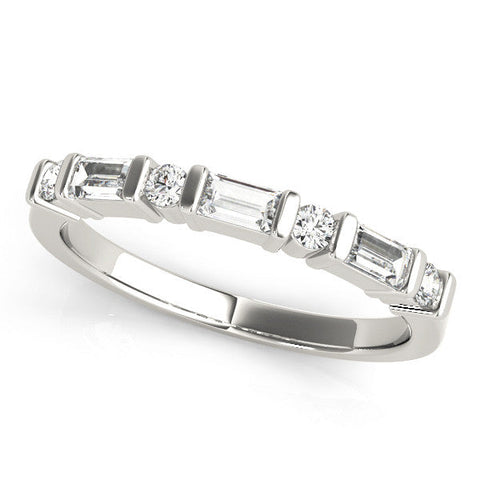 Silver Baguette and Round Diamond Channel Set Half Eternity Band with Bar Prong Setting