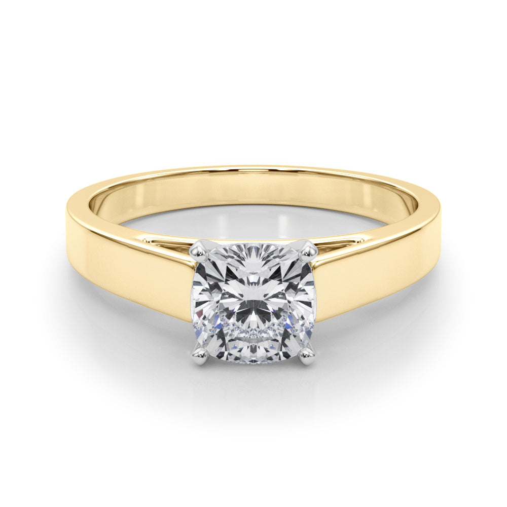 Yellow gold Cushion Solitaire Engagement Ring with Four-Prong Setting and Tapered Band