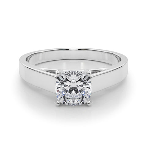White gold Cushion Solitaire Engagement Ring with Four-Prong Setting and Tapered Band