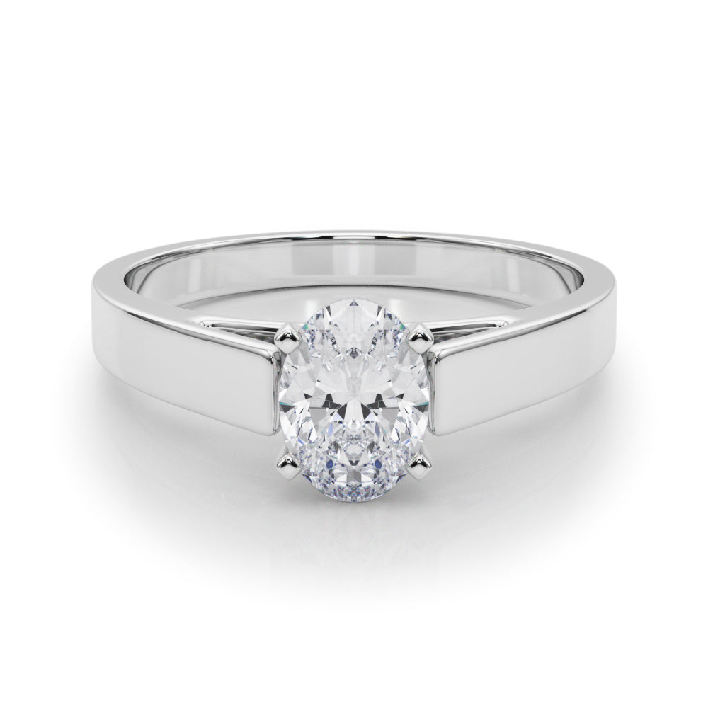 White gold Oval Solitaire Engagement Ring with Four-Prong Setting and Tapered Band