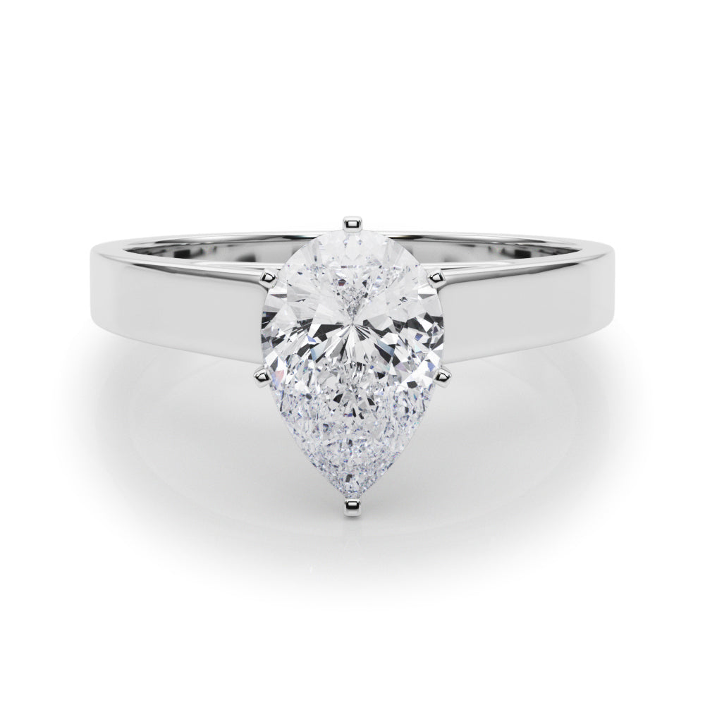 White gold Pear Solitaire Engagement Ring with Six-Prong Setting and Tapered Band