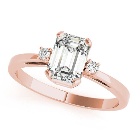 Rose gold Emerald Cut Three-Stone Solitaire Ring with Round Accent Diamonds and Four-Prong Setting