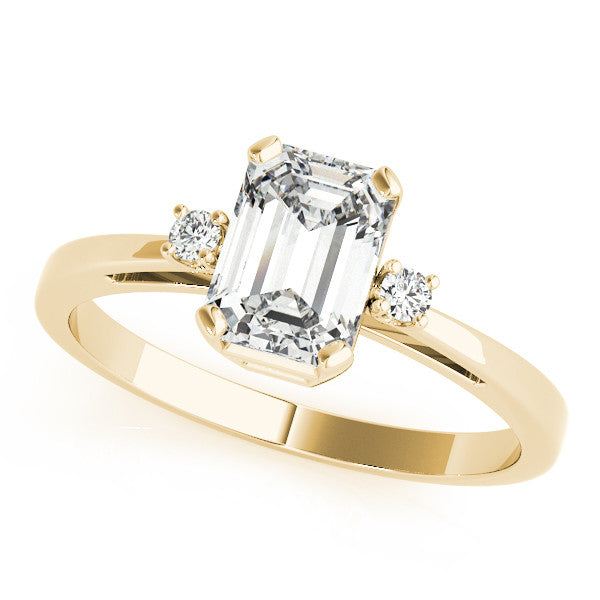 Yellow gold Emerald Cut Three-Stone Solitaire Ring with Round Accent Diamonds and Four-Prong Setting