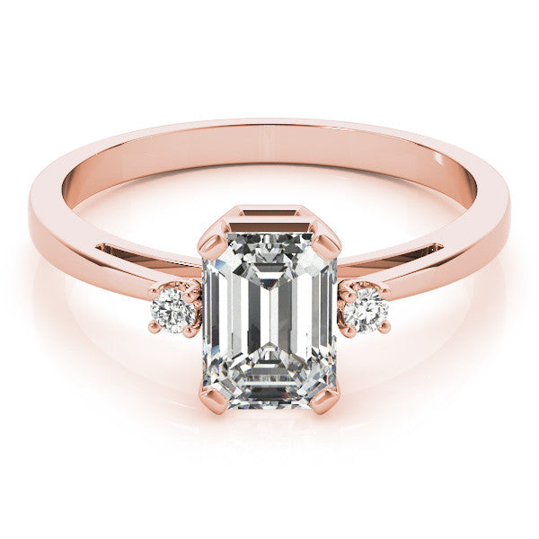 Rose gold Emerald Cut Three-Stone Solitaire Ring with Round Accent Diamonds and Four-Prong Setting