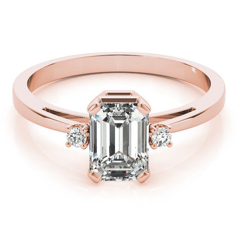 Rose gold Emerald Cut Three-Stone Solitaire Ring with Round Accent Diamonds and Four-Prong Setting