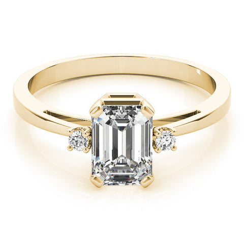 Yellow gold Emerald Cut Three-Stone Solitaire Ring with Round Accent Diamonds and Four-Prong Setting