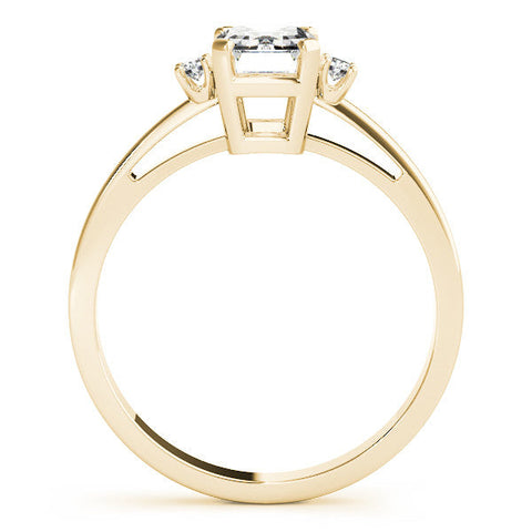 Yellow gold Emerald Cut Three-Stone Solitaire Ring with Round Accent Diamonds and Four-Prong Setting