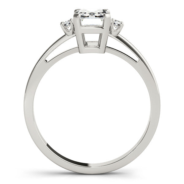 White gold Emerald Cut Three-Stone Solitaire Ring with Round Accent Diamonds and Four-Prong Setting