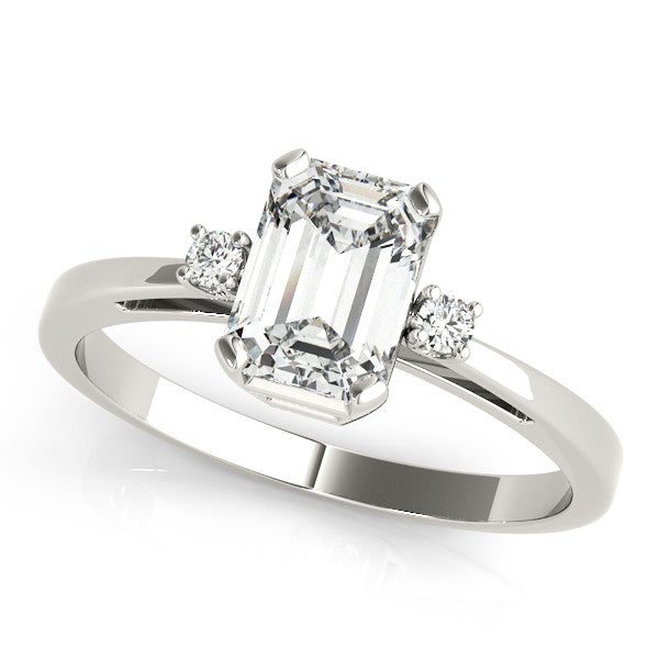White gold Cushion Cut Three-Stone Solitaire Ring with Round Accent Diamonds and Four-Prong Setting