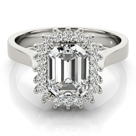 Platinum Emerald Cut Diamond Halo Ring with Solitaire Band and Prong Setting