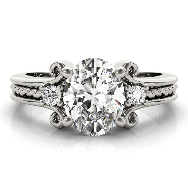 Silver Oval Cut Diamond Ring with Scrollwork Band and Prong Setting