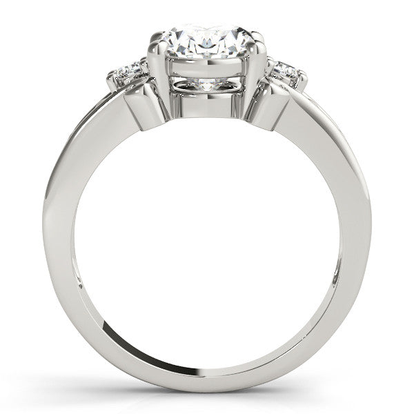 Silver Oval Cut Diamond Ring with Scrollwork Band and Prong Setting