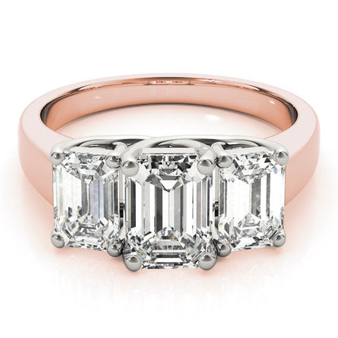 Rose gold Three-Stone Emerald Cut Diamond Ring with Prong Setting and Classic Band