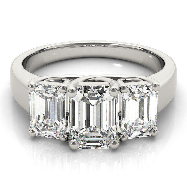 White gold Three-Stone Emerald Cut Diamond Ring with Prong Setting and Classic Band