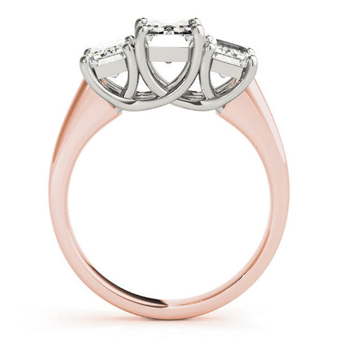 Rose gold Three-Stone Radiant Cut Diamond Ring with Prong Setting and Classic Band