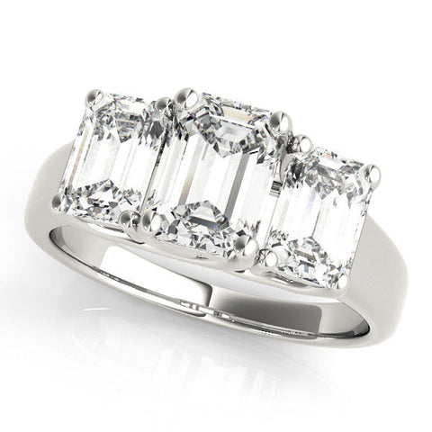 Platinum Three-Stone Emerald Cut Diamond Ring with Prong Setting and Classic Band