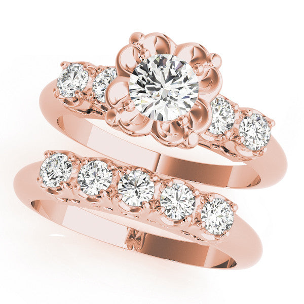 Rose gold Round Cut Diamond Floral Halo Engagement Ring with Shared Prong Setting