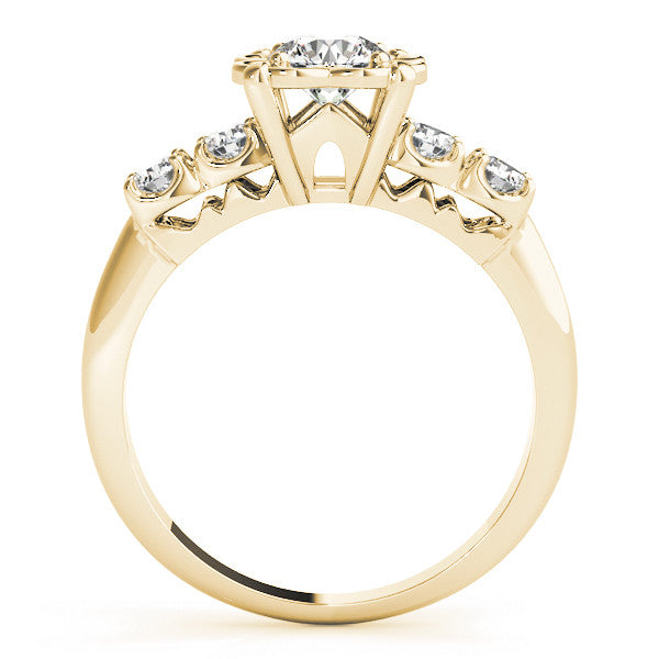 Yellow gold Heart Cut Diamond Floral Halo Engagement Ring with Shared Prong Setting