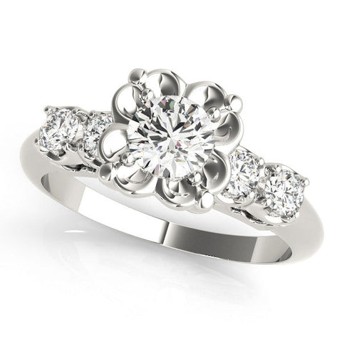 Silver Heart Cut Diamond Floral Halo Engagement Ring with Shared Prong Setting
