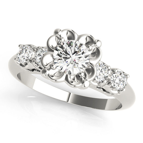 Platinum Emerald Cut Diamond Floral Halo Engagement Ring with Shared Prong Setting