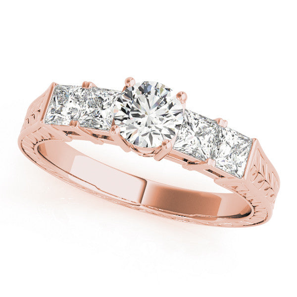 Rose gold Cushion Solitaire Princess Side Stone Engraved Band Prong Setting Ring