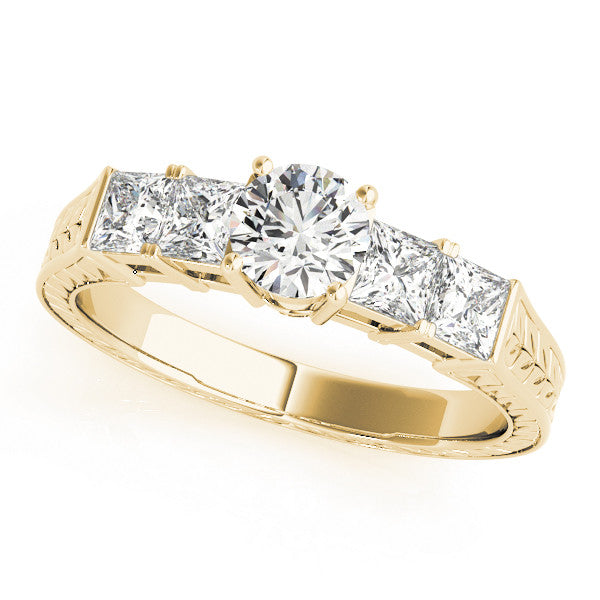 Yellow gold Oval Solitaire Princess Side Stone Engraved Band Prong Setting Ring