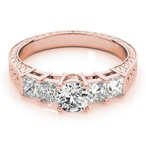 Rose gold Oval Solitaire Princess Side Stone Engraved Band Prong Setting Ring
