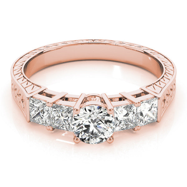 Rose gold Cushion Solitaire Princess Side Stone Engraved Band Prong Setting Ring