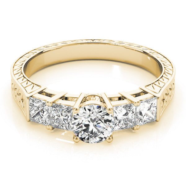 Yellow gold Round Solitaire Princess Side Stone Engraved Band Prong Setting Ring
