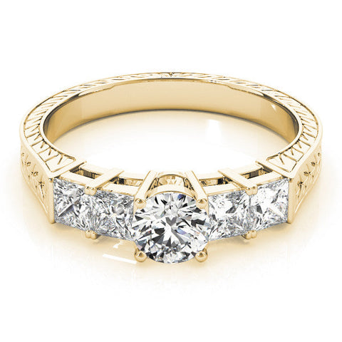 Yellow gold Round Solitaire Princess Side Stone Engraved Band Prong Setting Ring