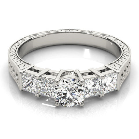Platinum Round Solitaire Princess Side Stone Engraved Band Prong Setting Ring