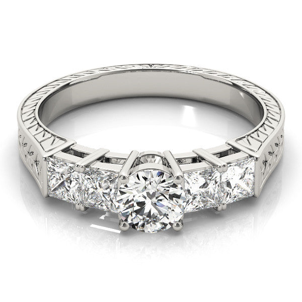 Platinum Cushion Solitaire Princess Side Stone Engraved Band Prong Setting Ring