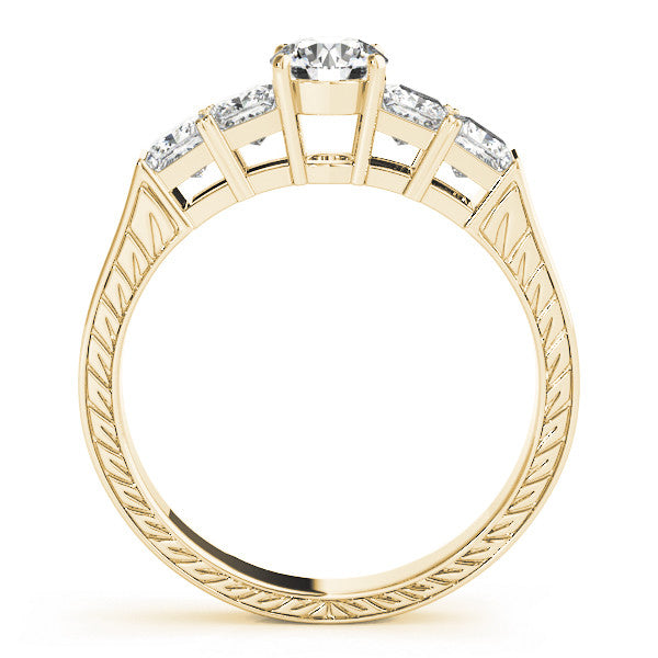Yellow gold Emerald Solitaire Princess Side Stone Engraved Band Prong Setting Ring