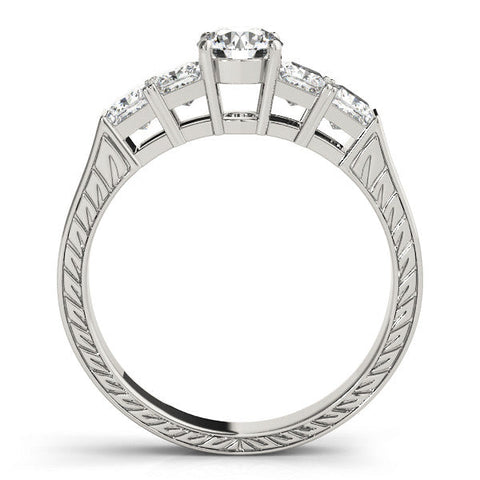 White gold Cushion Solitaire Princess Side Stone Engraved Band Prong Setting Ring